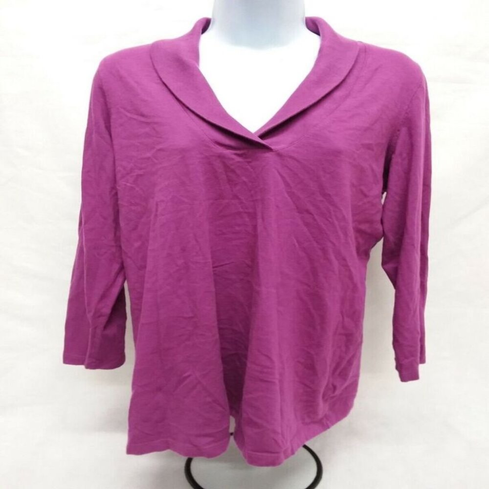 Women's Medium 14/16 Roaman's 3/4 Sleeve Solid Fuschia Collared Blouse